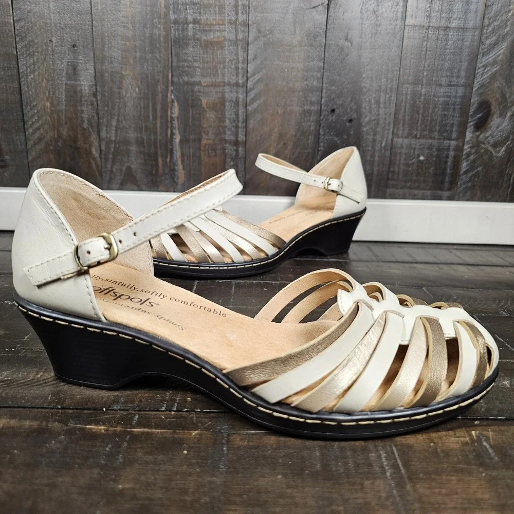 Softspots Womens 6.5 Tatianna Leather‎ Sandal Beige Gold Summer Shoes